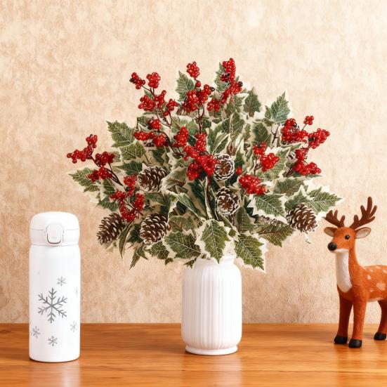 6Pcs Artificial Plants with Holly Berries Pine Cones Faux Greenery Branch Fake Red Berries Green Plants Stems Christmas Holiday Party Decoration