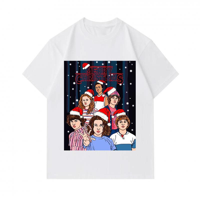 Men's 100% Cotton Crew Neck Short Sleeve T-Shirt, Funny Stranger Themed Christmas Graphic Tee with Santa Hat Xmas Pattern, Casual Soft Daily Wear Tops