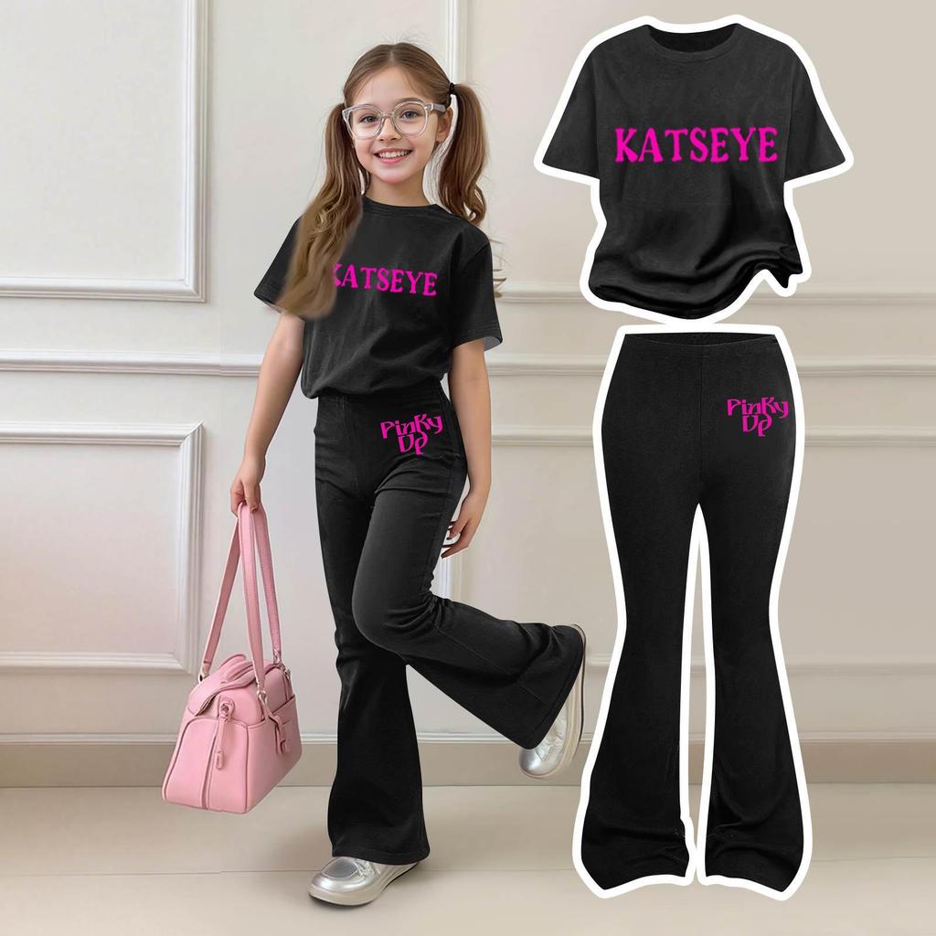 Kids Casual Short Sleeve T-Shirt and Flared Pants Set Lightweight Comfortable Breathable Soft Fabric Suitable for Daily Wear