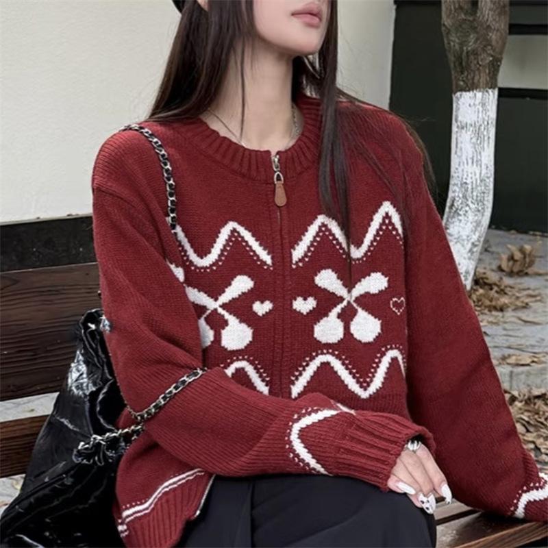 Women's Fair Isle Cashmere Jacquard Cardigan – Autumn/Winter, Thick, Round Neck, Zipper Wool Coat