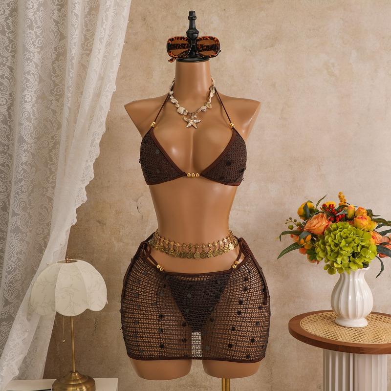 Women American Retro Mesh Sequined Three Piece Bikini Swimsuit