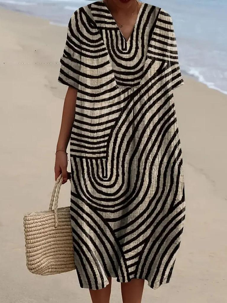 V-Neck Leaf Print Dress - Elegant European & American Style
