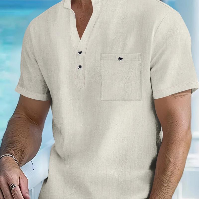 Men's Cotton Linen Short-Sleeve Shirt with Stand Collar & Half-Button Placket - Casual Outdoor Leisure Wear for Spring and Summe