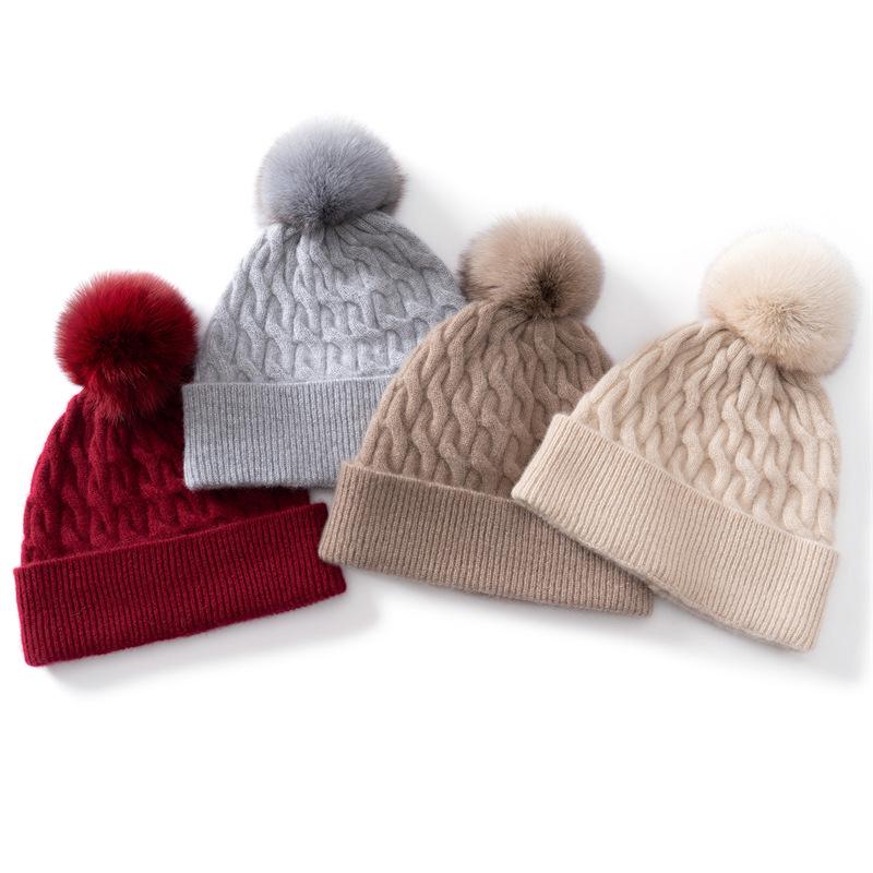 Women's 100% Cashmere Pompom Hat - Versatile, Solid Color, Folded Brim with Warm Ear Protection