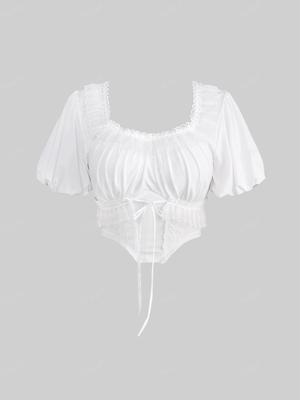 Rosegal Gothic Puff Sleeves Floral Lace Panel Tied Ruffles Ruched Solid Asymmetric Cropped Top