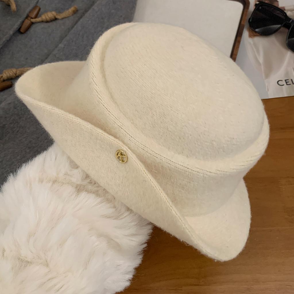 French Hepburn Style Elegant Woolen Hemming Thousand Gold Top Hat Children Autumn And Winter Retro Versatile Face Small Bucket Hat