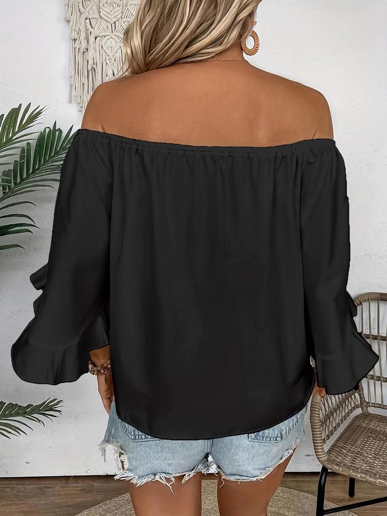 Elegante Top Elastico Bardot con Polsini Svasati e Laccio sul Fondo