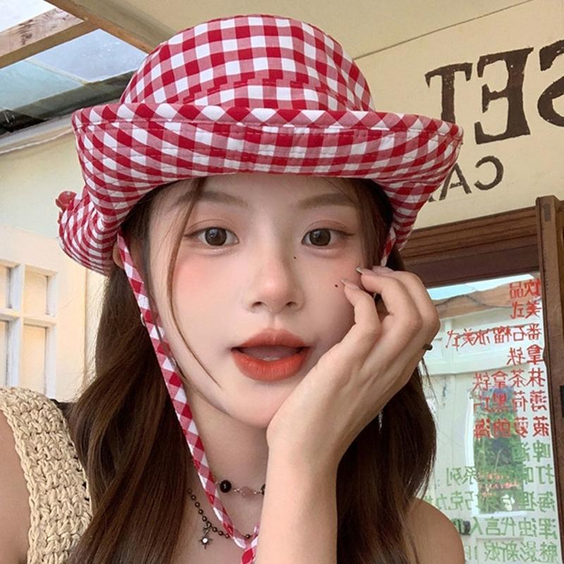 Japanese Style Sweet Gingham Basin Cap Adjustable Bucket Hat For Women And Men Soft Cotton Summer Sun Protection