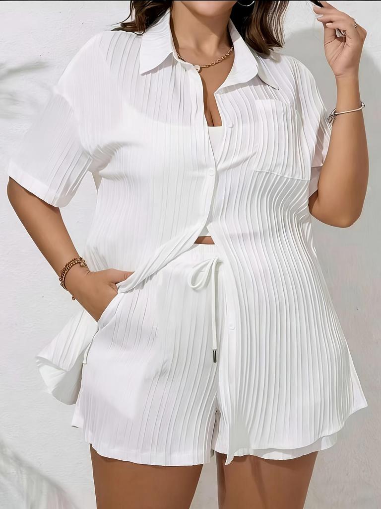 2026 European Plus Size Pleated Short-Sleeve Cardigan & Shorts Set - Women's Casual Vacation Suit