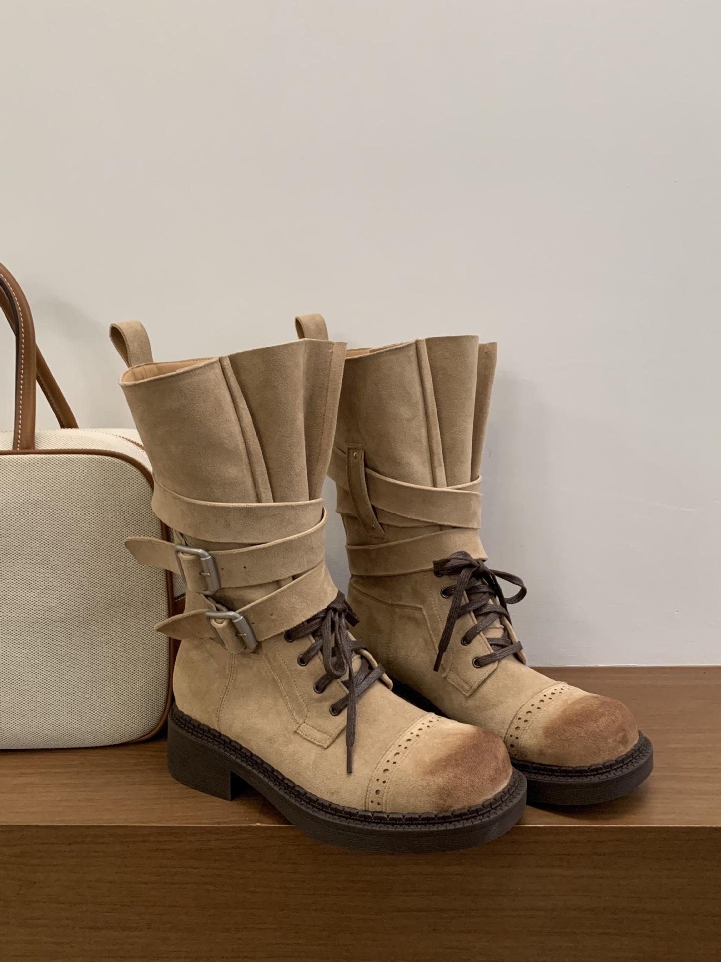 

Women s shoes retro strap knight boots women s 2025 new polished thick heel round head mid boots western boots locomotive boots 39 хаки