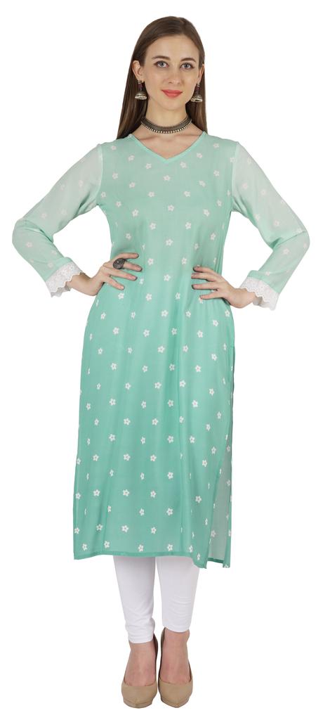 Bimba Printed  Designer  Kurta  For Womens Straight Kurti V-Neck Ethnic  Traditional  Wear - Cotton