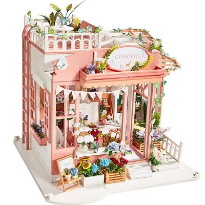 Moin Moin Dollhouse Miniature DIY Kit Starry Sky Flower Shop with a Welcome LED Acrylic and Music Box Set Dog, Lights, Case, (2009DH197)