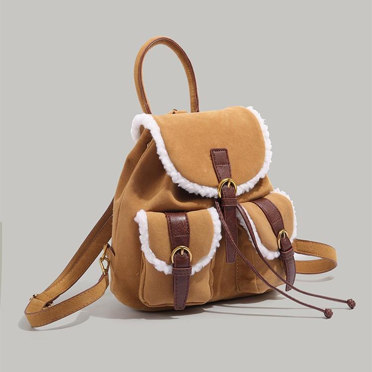 High-end Lambswool Backpack for Women 2024 New Autumn Winter Vintage Style Matte Backpack Student School Bag