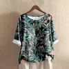 Women's Casual Mid-sleeve Round Neck Retro Floral Print Cotton And Linen Top