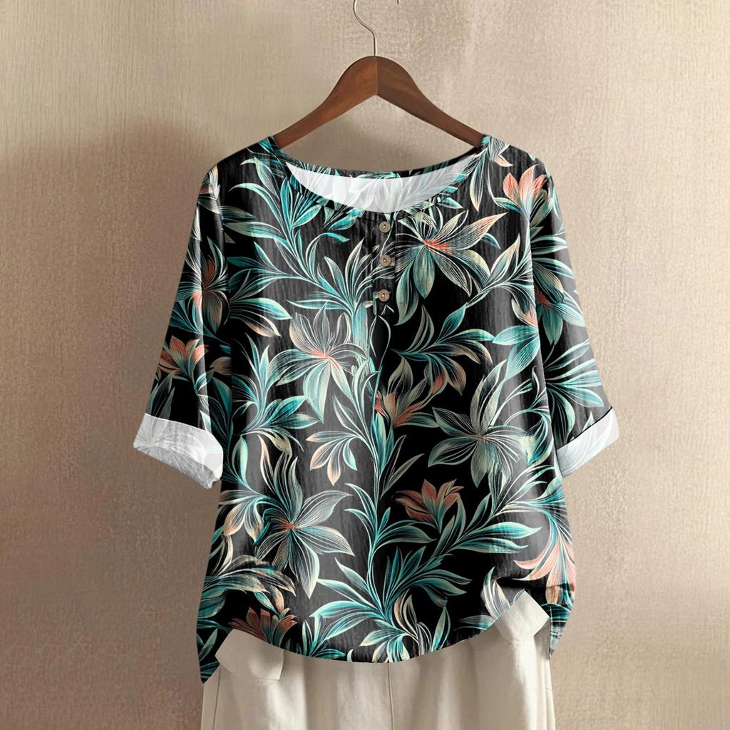 Women's Casual Mid-sleeve Round Neck Retro Floral Print Cotton And Linen Top