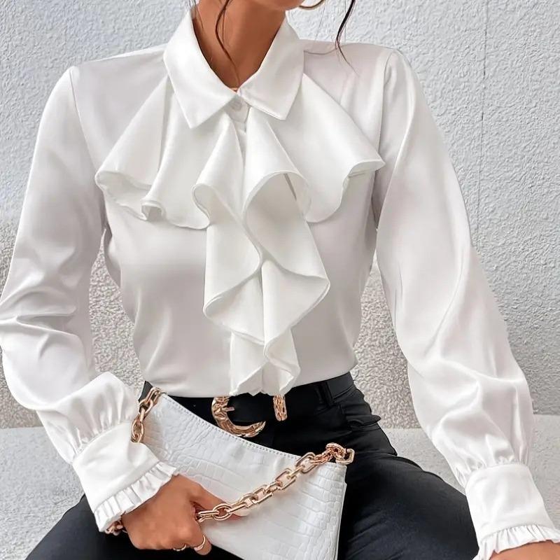 Spring Fashion Ruffled Turn Down Collar White Shirt for Women Elegant Slim Fit Casual Loose Women's Blouses Tops Solid Simple Office Lady Shirts 26476