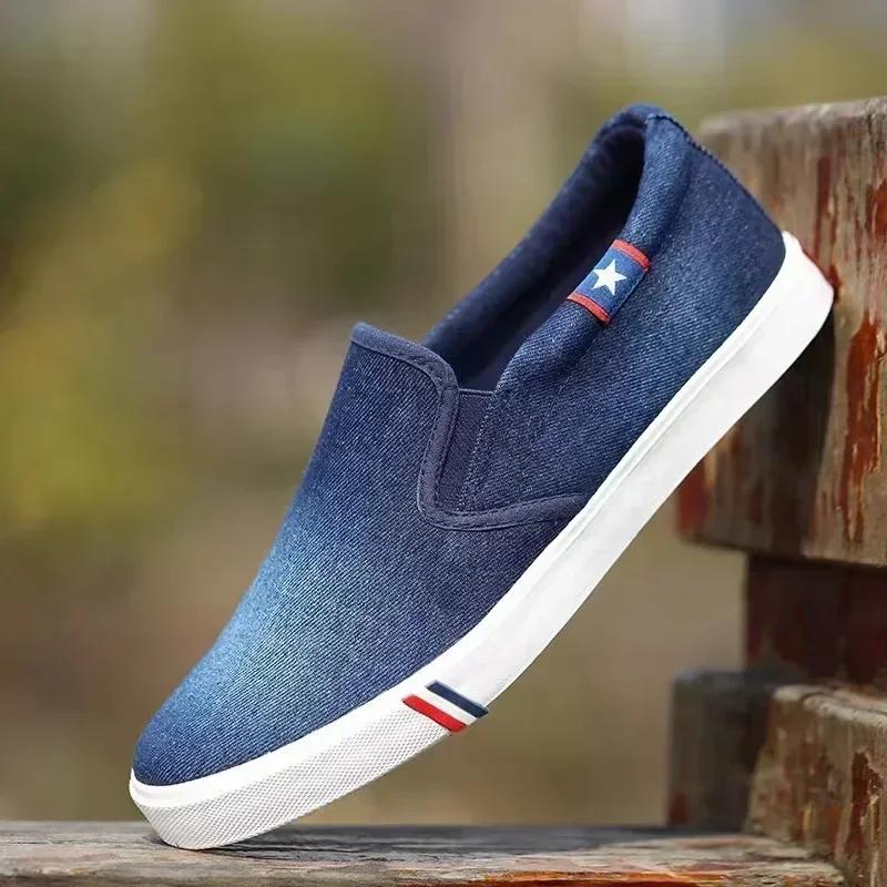 

Classic Men Denim Canvas Shoes New Breathable Casual Shoes Comfort Slip-On Loafers Men Flats Soft Driving Shoes Chaussure Hommes 39 синій
