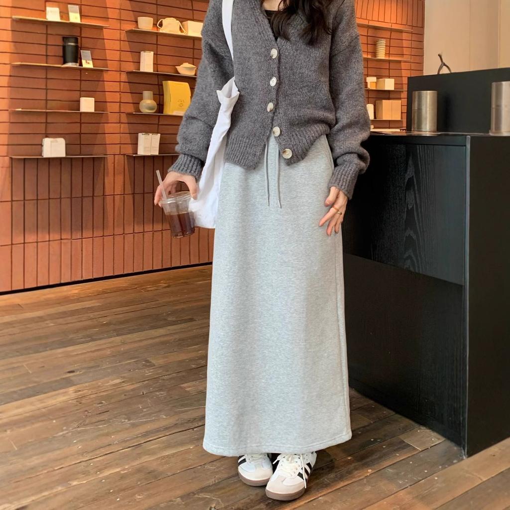 Women's Fleece Lined High Waist A-Line Sweatshirt Midi Skirt with Drawstring
