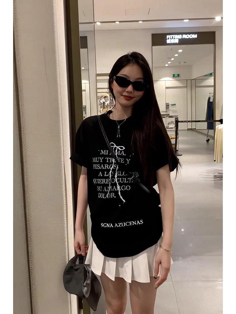 Damen Baumwoll T-Shirt im koreanischen Stil mit Buchstabenaufdruck, Kurzarm, lässig, figurbetont