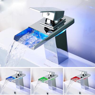 LED Copper Cold/Hot Water Tap Faucet with Single Orifice Square Flume Outlet for Bathroom Decoration