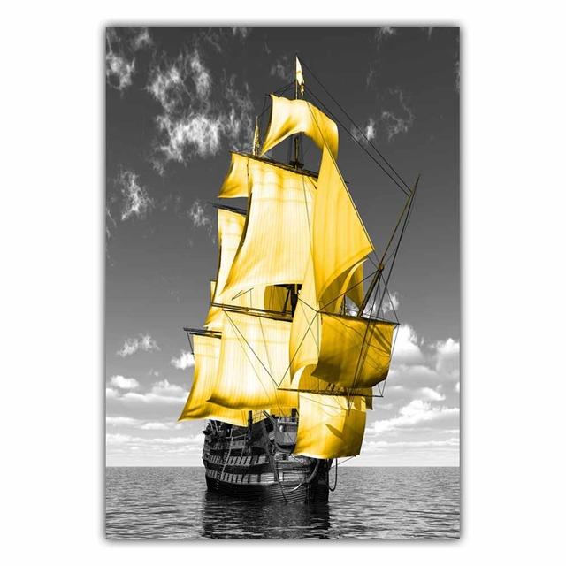 Fashion Retro Art Landscape Canvas Painting Yellow Sailboat Poster Office Wall Painting for Living Room Home Decoration Mural No Frame