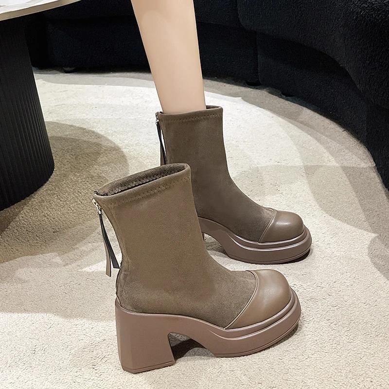 Fashion Women's Fashion Boots Thick Sole Fang Hei Back Zipper Ankle Boots for Women Fur Integrated Round Toe Shoes New Winter High Heels