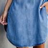 Women Dress Turn Down Collar Short Sleeves Pockets Zipper Loose Knee-length Dress