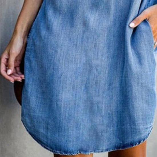 Women Dress Turn Down Collar Short Sleeves Pockets Zipper Loose Knee-length Dress