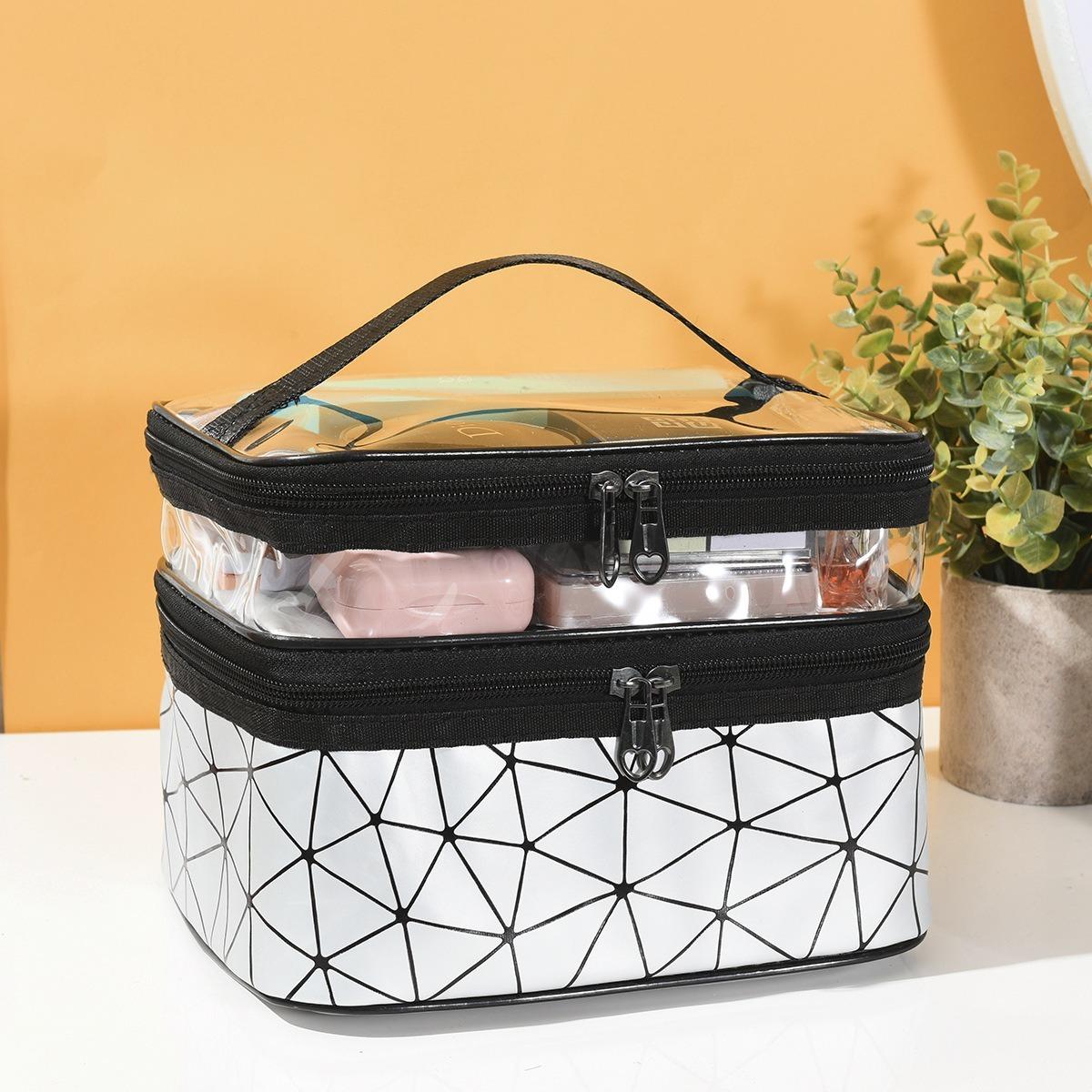 

ПУ ручная косметичка с большой вместимостью и высококачественной зоной хранения сумка портативная дорожная ПВХ водонепроницаемая двухслойная сумка для стирки 22x16x17cm