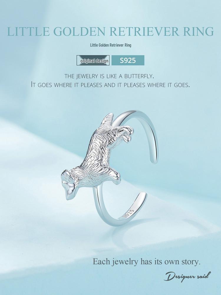 Yinziyun Cute Golden Retriever Puppy Open Ring - 925 Sterling Silver for Men & Women