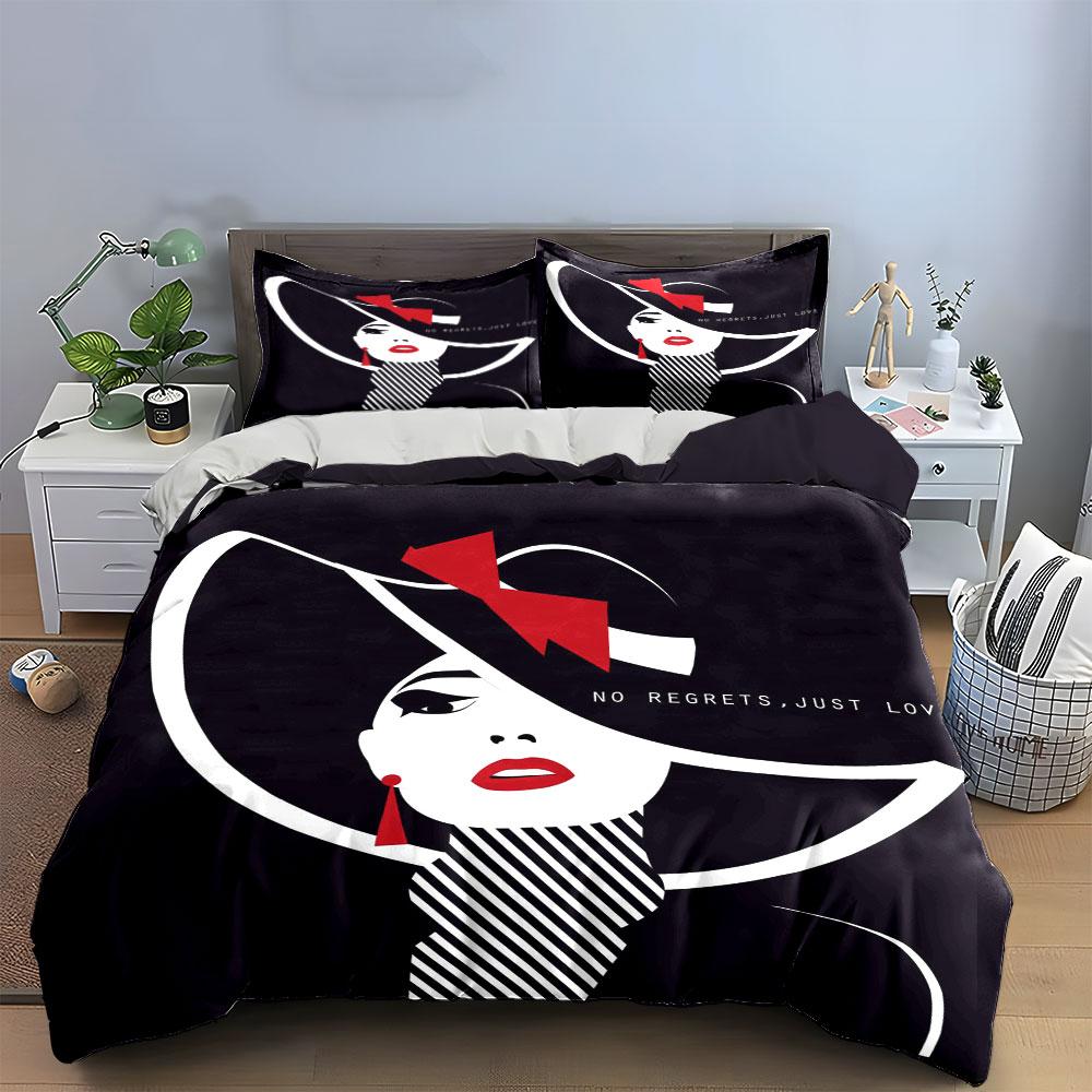 Portrait, hat, bow, text. Bedding sets Duvet cover sets Duvet covers Pillowcases(1*Duvet Cover 2*Pillowcases without duvet insert)