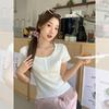 Pure Lace Edge U-neck Short-sleeved T-shirt Women's Summer New Clavicle Button Slim-fitting Bottom Top