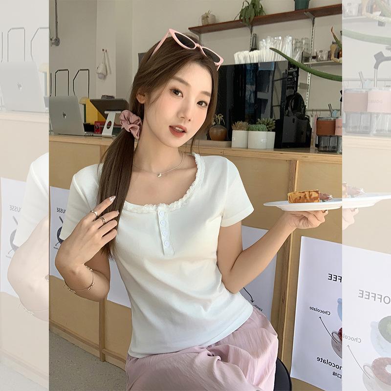 Pure Lace Edge U-neck Short-sleeved T-shirt Women's Summer New Clavicle Button Slim-fitting Bottom Top