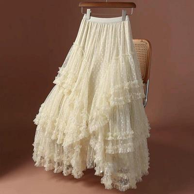 Zomer Mesh Hart Print Rok Vrouwen Elastische Hoge Taille Rok Elegante Tule A-lijn Ruches Feestrok Lang