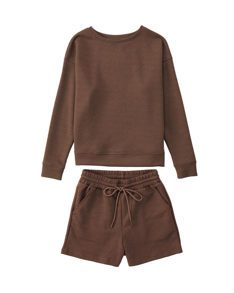 Azura Exchange Textured Long Sleeve Top and Drawstring Shorts Set