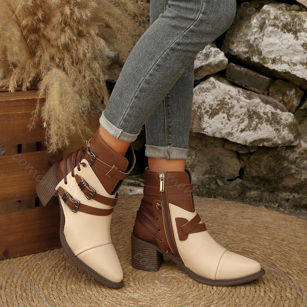 Fashion Comemore Vintage Belt Buckle Short Fashion Boots Women Chunky Heel Side Zipper Women's Shoes Gladiator Knight Botines Femininos