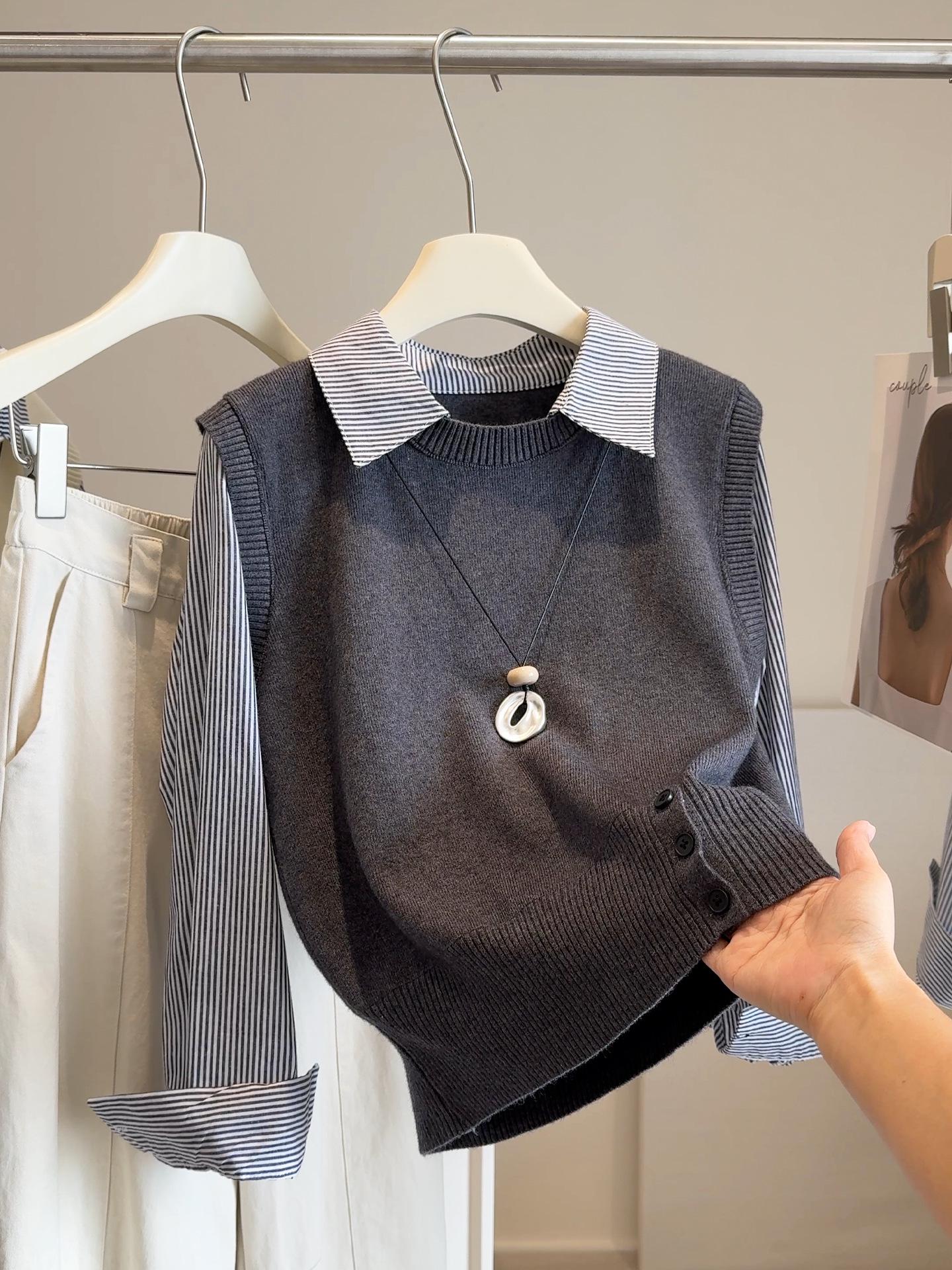 

2025 Приталенный полосатый вязаный жилет и рубашка с длинным рукавом – Женский омолаживающий топ-двойка One Size темно-серого