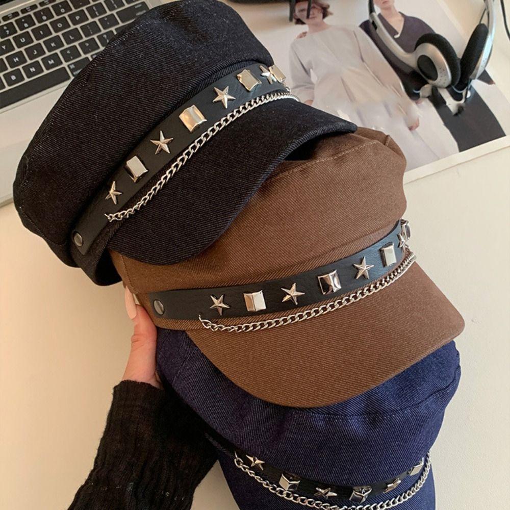 Cloth Denim Octagonal Hat Korean Style Retro Painter Hat Fashion Rivet Denim Beret  Travel