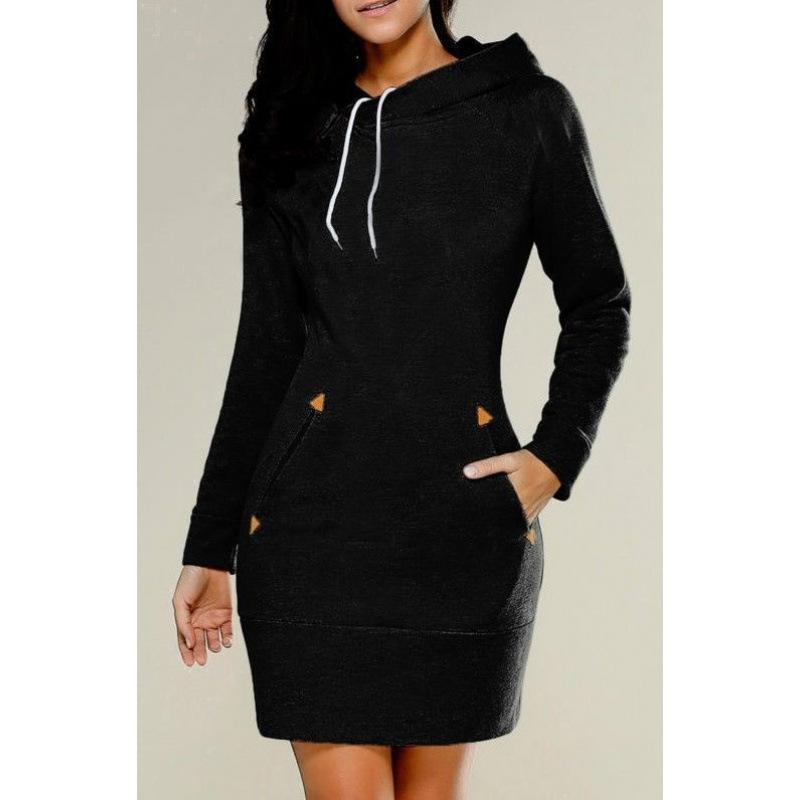 Women's Hooded High Neck Long Sleeve Sweatshirt Dress Solid Casual Bodycon Mini Dress With Pockets S-5XL Plus Size Fall Winter Daily Wear