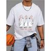 Crewneck T Shirt White Goose Cartoon Print with Russian Text for Casual Wear