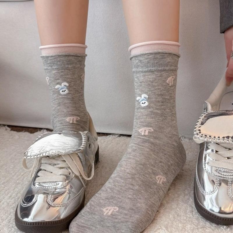 Children's Spring/Summer Collection Cute Cartoon Embroidered Socks - Women's Mid-Calf Socks with Boneless Trendy Stripes and Layered Design