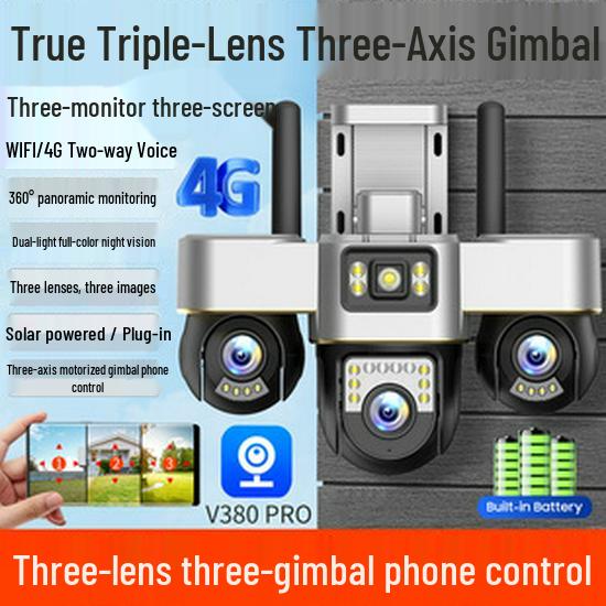 V380 Solar 4G Wireless HD Night Vision WiFi PTZ Battery Camera with Three Lenses
