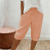 Women's Fashionable Plaid Printed Loose Drawstring Cotton Linen Casual Five Quarter Pants