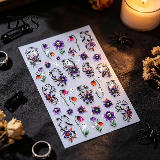 Self-Adhesive Manicure Decals Halloween 3D Embossed Nail Stickers, Gothic Flower Ghost Decor PVC Stickers Decals, Women Girls Art Accessories