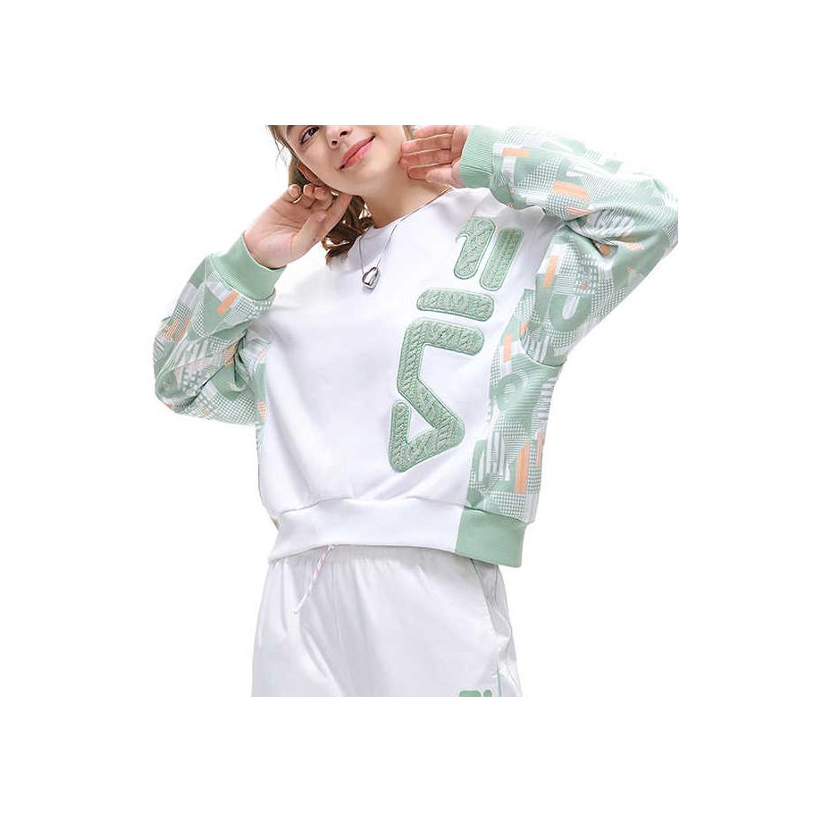 Fila Fusion Woven Logo Patchwork Pattern Printed Letter Sports Loose American Crewneck Sweatshirt Women sweatshirt White T11W213211F-WT