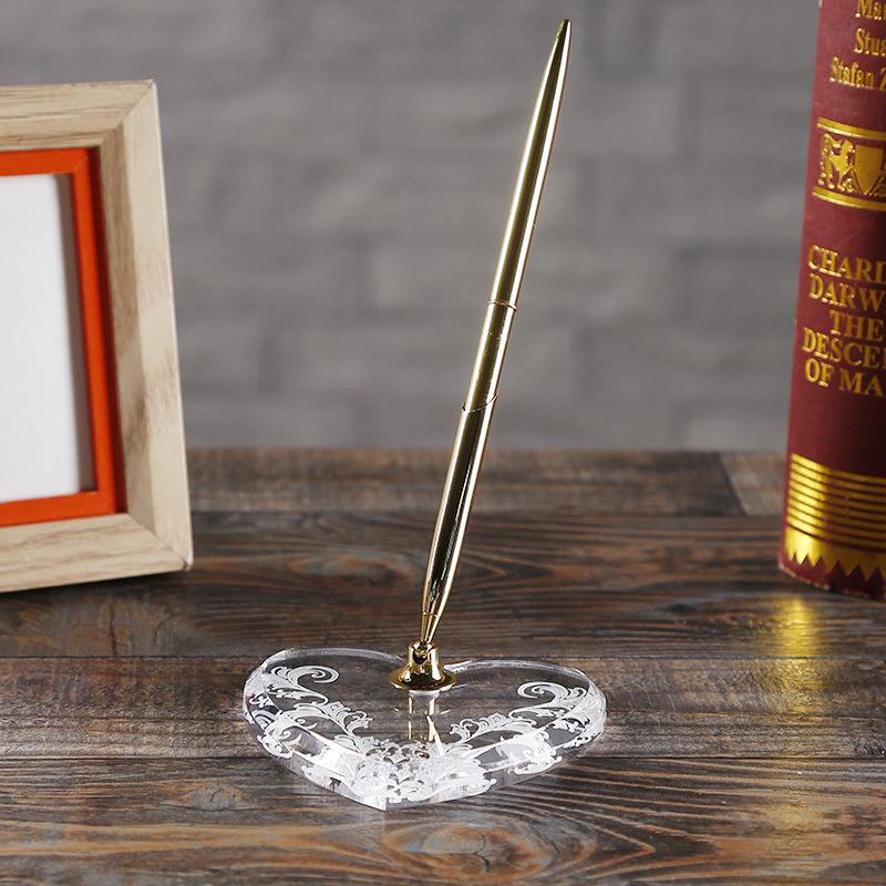 Metal and Acrylic Heart Crystal Pen Holder Set for Office Desk