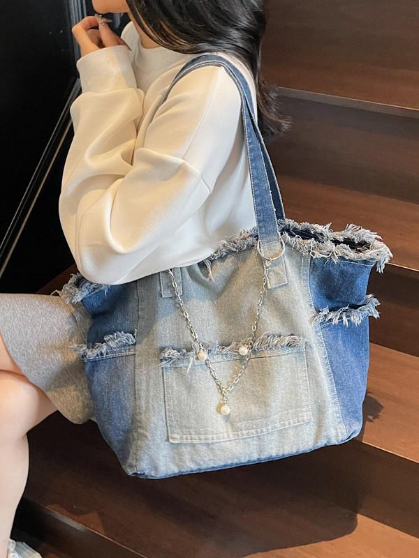 Gradient Large-Capacity Denim Tote Bag - Versatile Commuter Shoulder Bag
