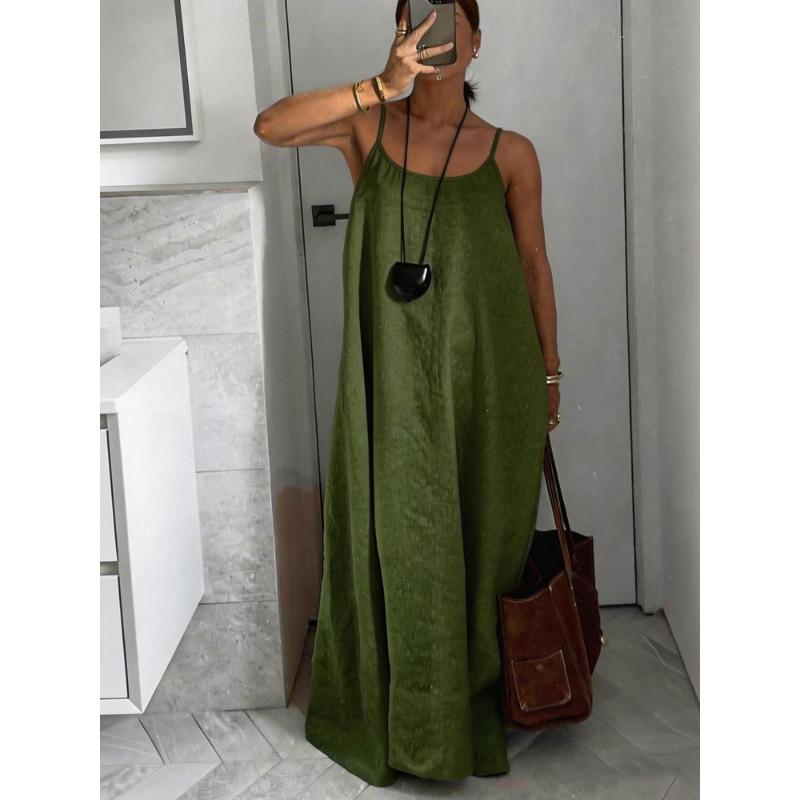 QICED Vestidos Casuales de Verano Primavera Color Sólido Estampado Sin Mangas Cuello en U