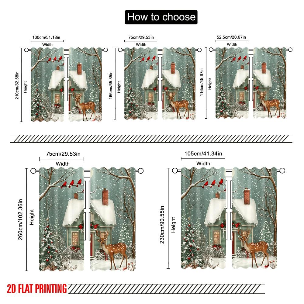 2pcs,2D Plane Printing Print Curtains Deer Cardinals Snowy House Versatile Polyester (without Rod) Art Deco Festive Use for