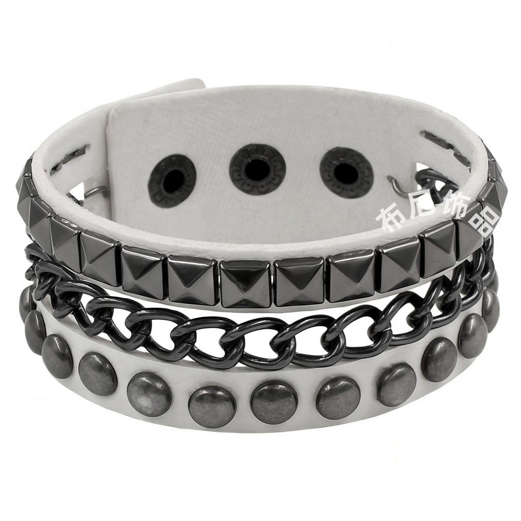 PU Leather European and American Punk Bracelet Dark Black Square Rivet Bracelet Non-mainstream Iron Chain Multi-layer Bracelet